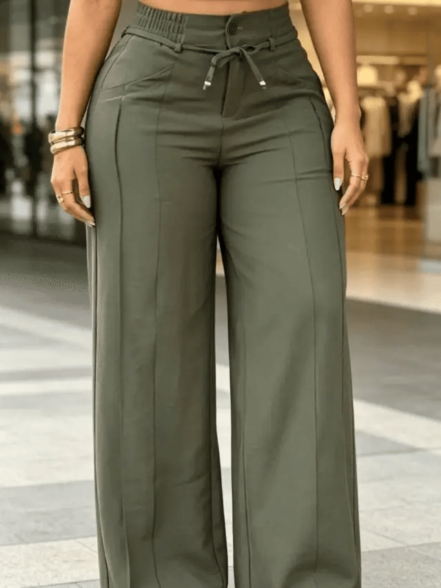 Aria – Pantalón Ancho de Tiro Alto con Cordón, Efecto Vientre Plano